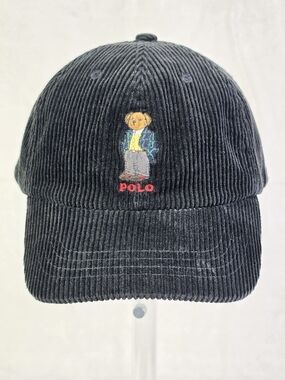 Vintage Polo Sport Ralph Lauren Bear Corduroy Cap Black One Size Leather Strap